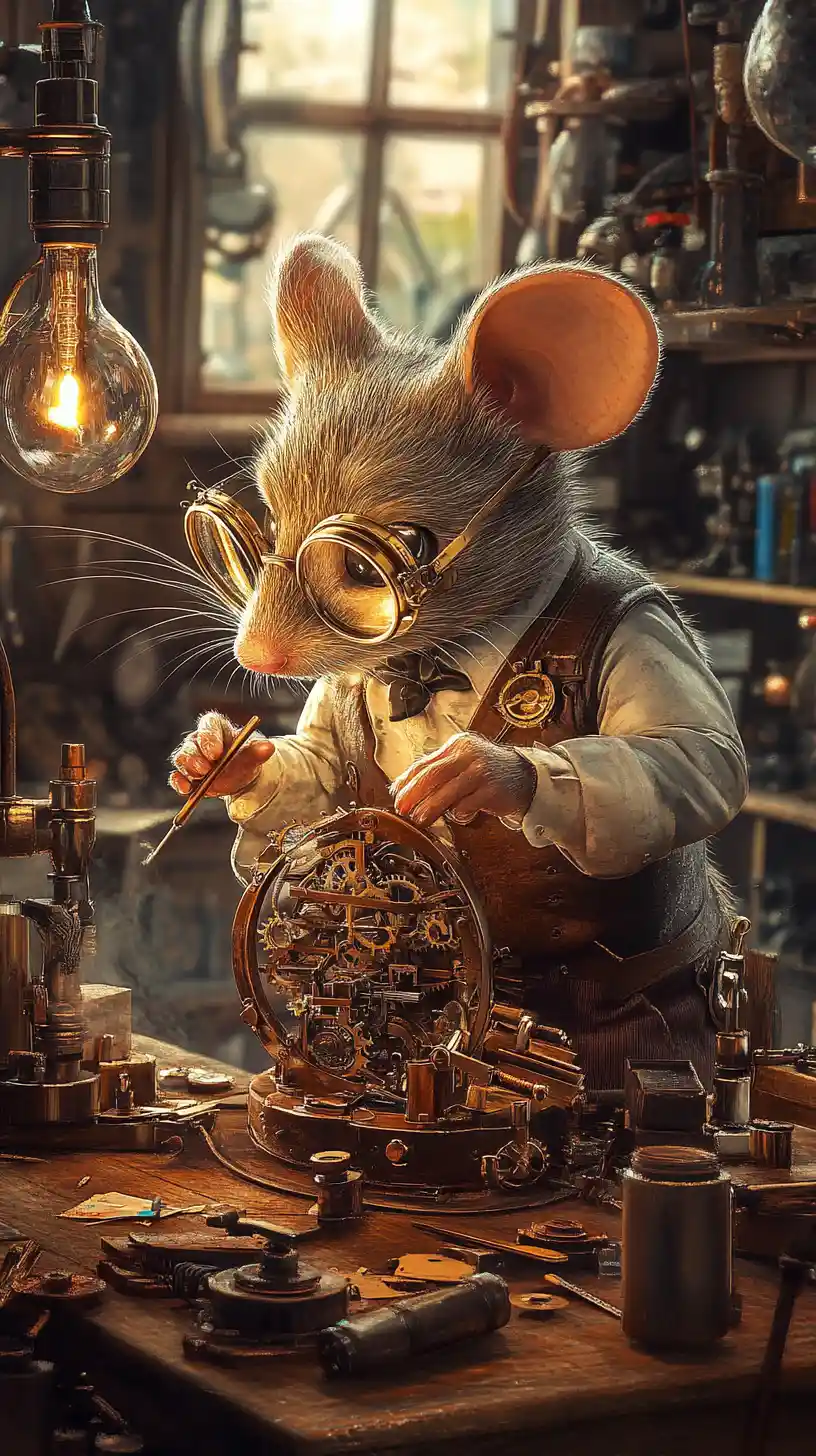 Topo steampunk che ripara ingranaggi in un laboratorio vittoriano