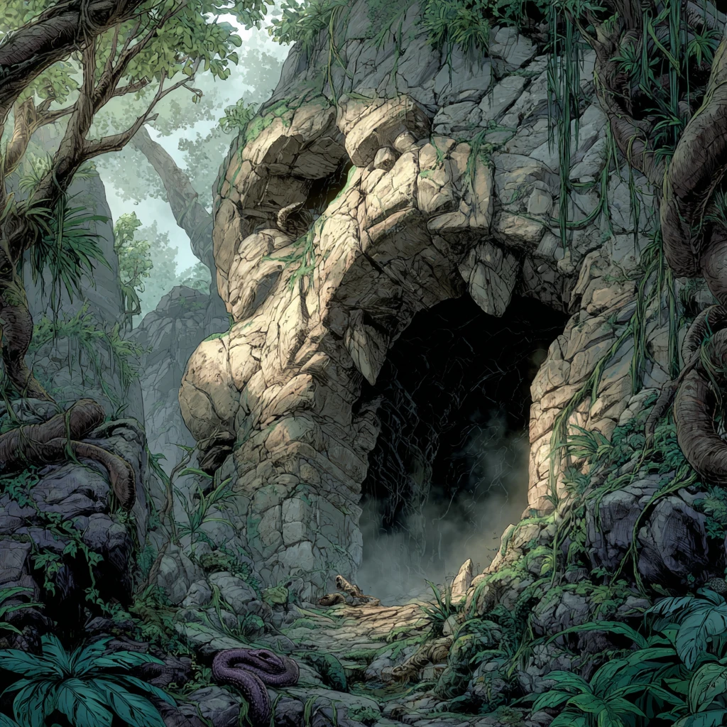 Ominous jungle cave entrance with stone jaws and snakes
