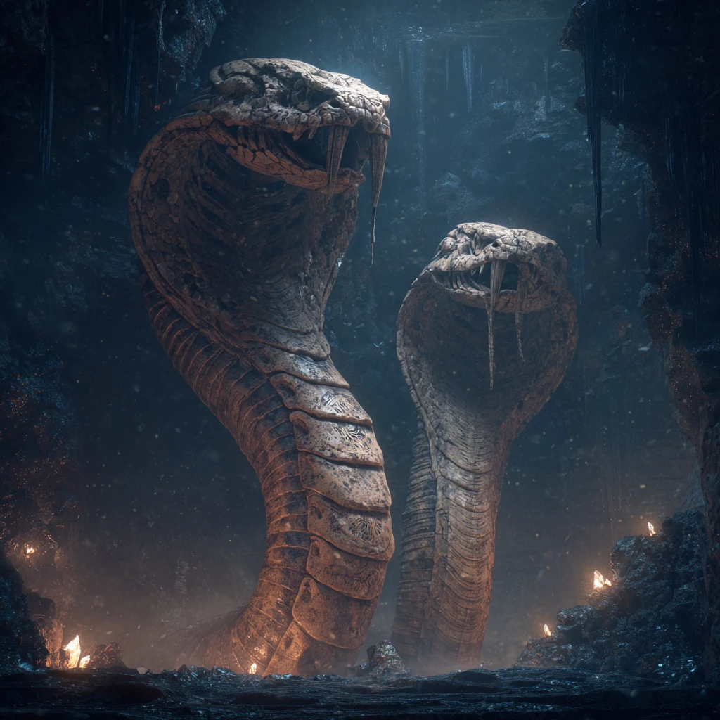 Esqueletos colossais de cobras enrolados em uma caverna luminosa