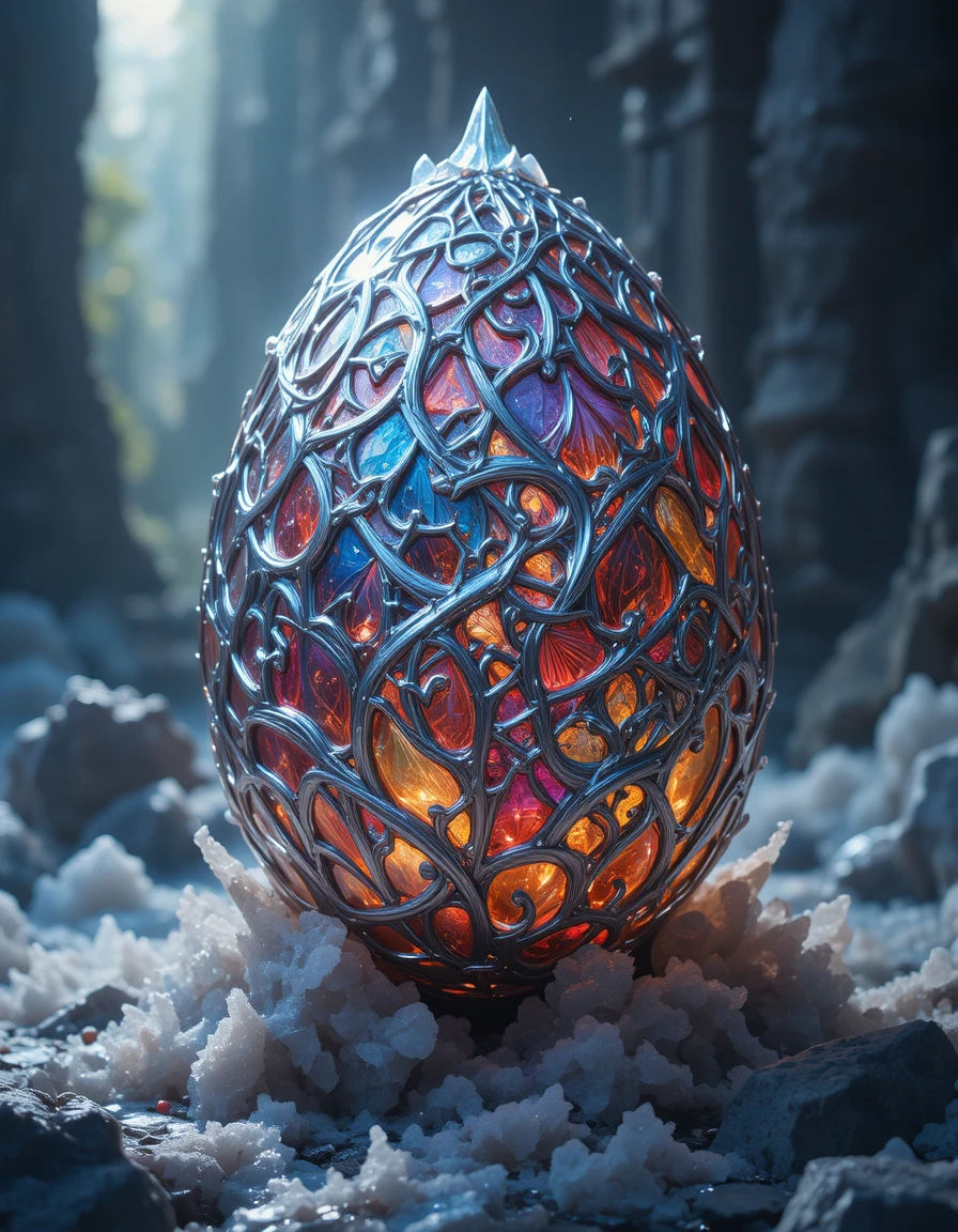 Orbe d’œuf de dragon vif brillant sur un fond ombragé