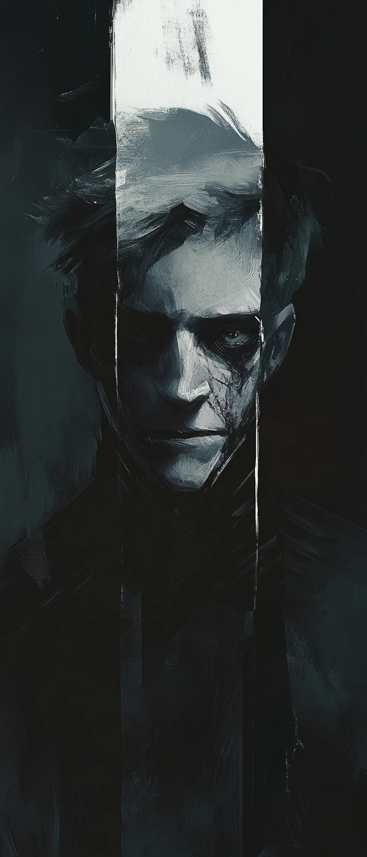 Retrato distorcido de homem em anime com olhar direto e intenso
