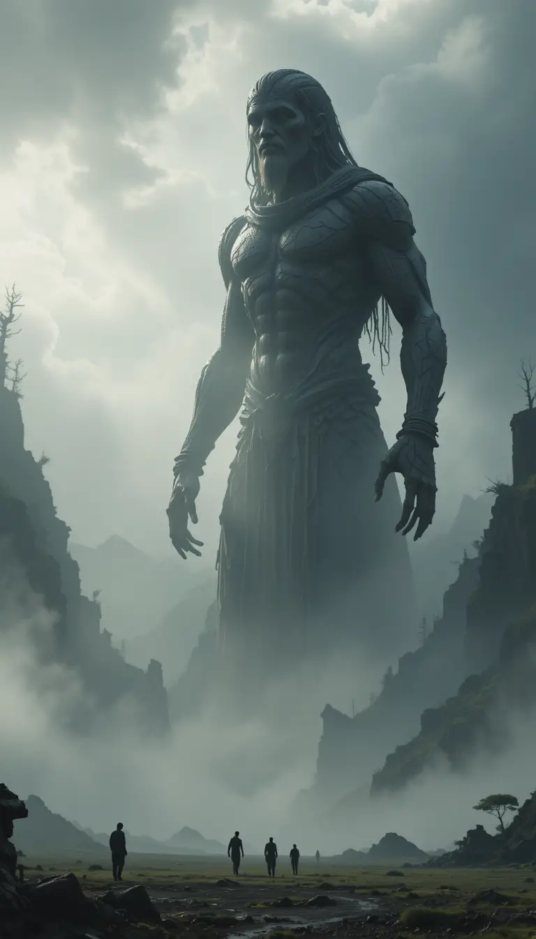 Figura antiga gigante emergindo da neblina sobre humanos