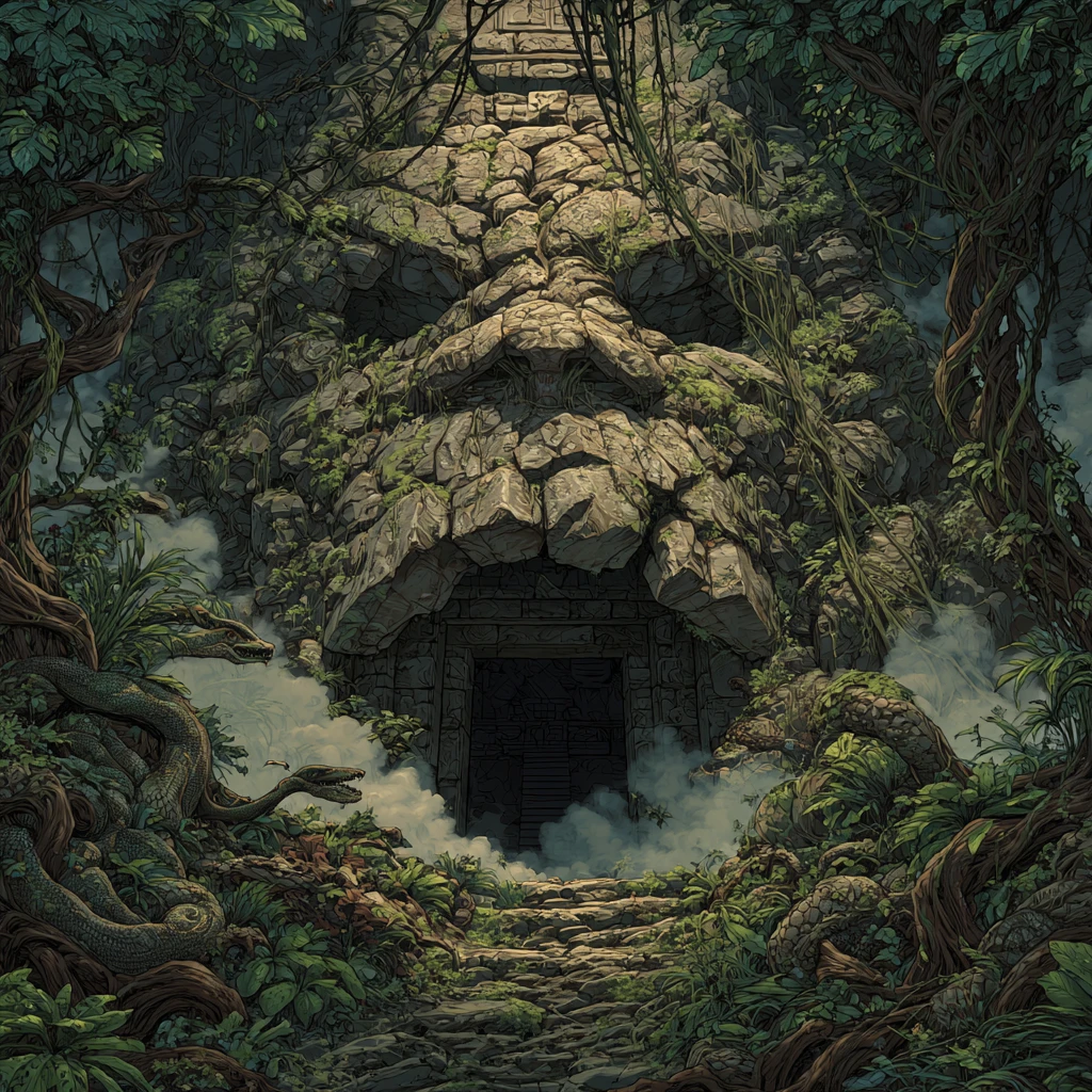 Ominous Jungle Cave Entrance With Ancient Stone Jaws