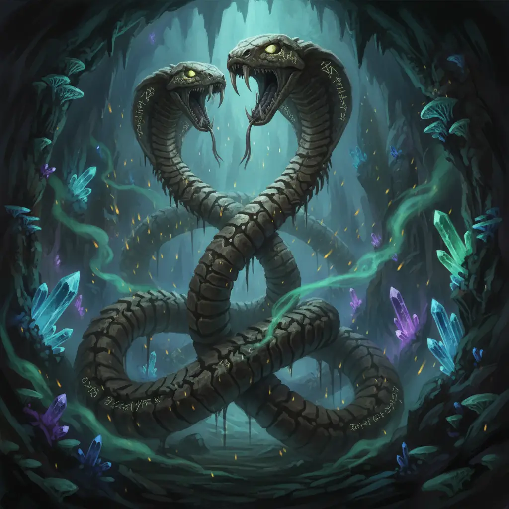 Esqueletos gigantes de cobra entrelaçados em uma caverna luminosa