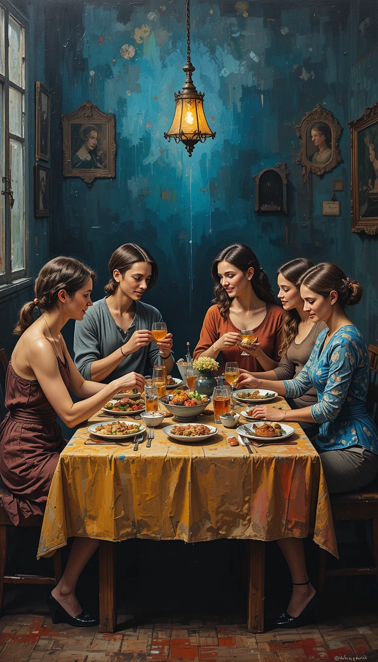 Family sharing a humble sacred meal at a simple table