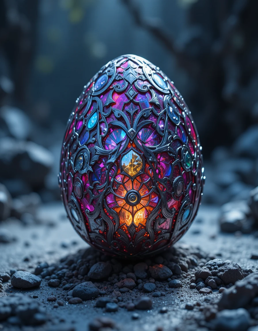 Sfera a Forma di Uovo di Drago Luminoso Sospesa su Sfondo Scuro e Cupo