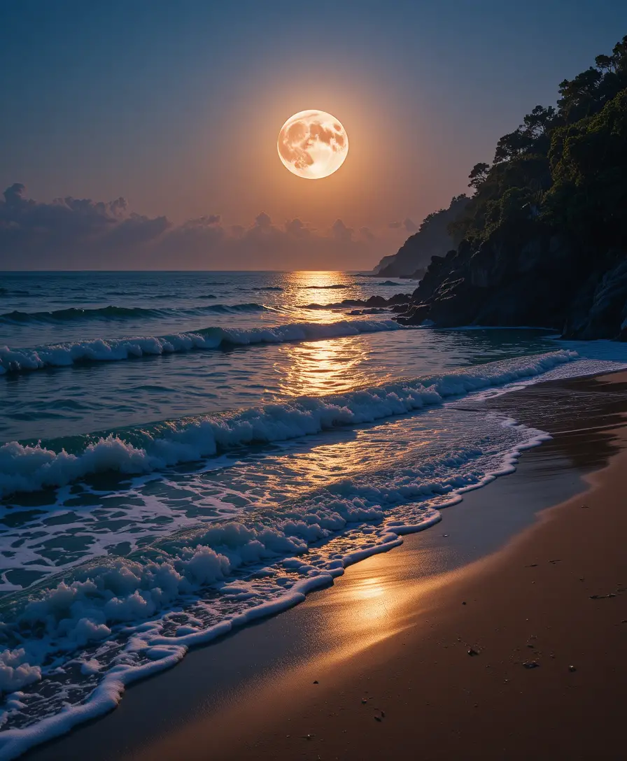 Moonlit beach with glowing waves and rocky cliffs