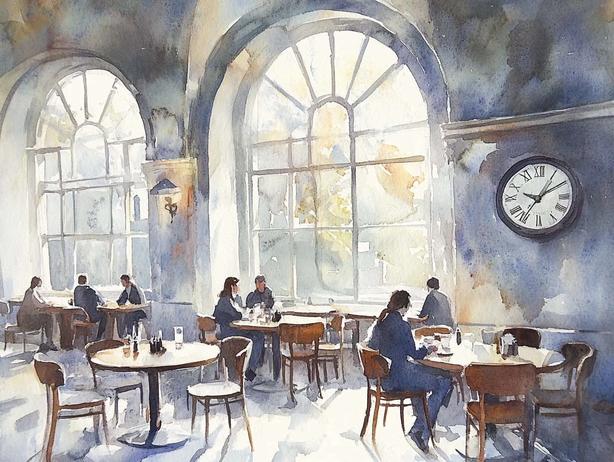 Interno di caffè ad acquerello con persone a tavoli rotondi