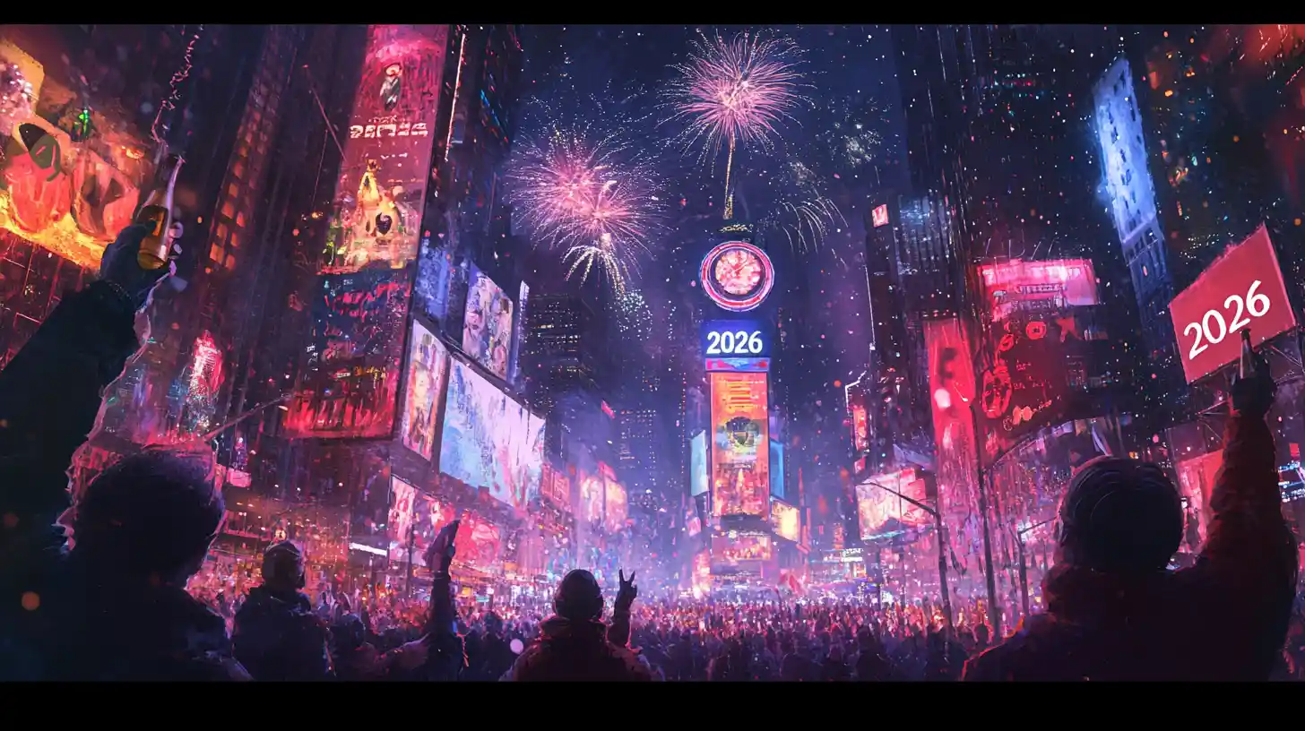 Midnight city skyline with New Year fireworks celebration
