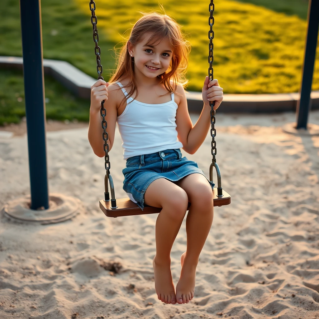 Young girl on a playground swing in warm evening light