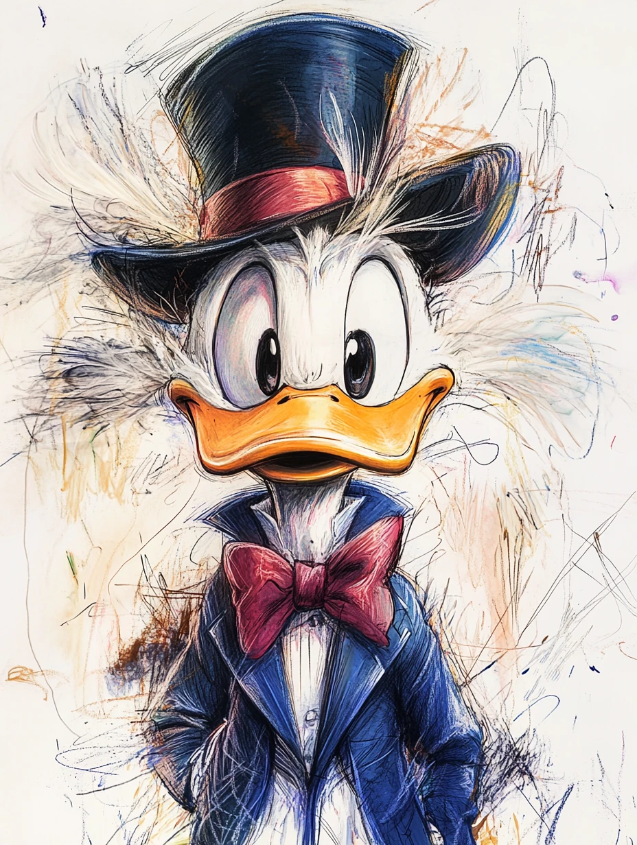 Retrato melancólico de pato em ilustração em tinta e aquarela