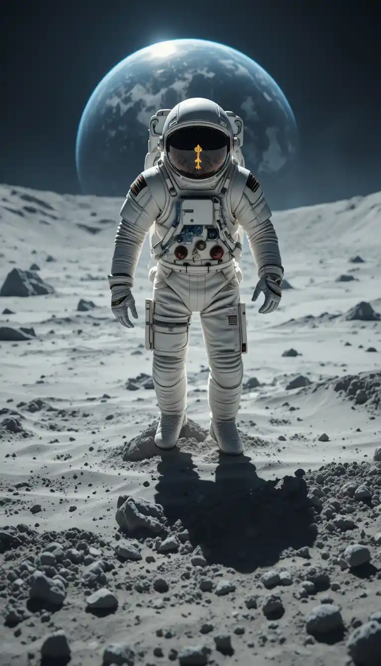 Astronaut floating above the moon with Earth in the distance