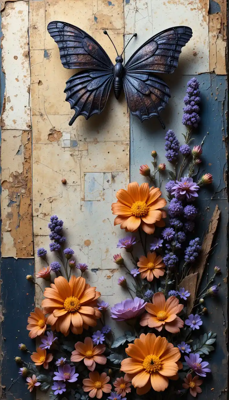 Mixed media floral relief with butterfly on aged wall