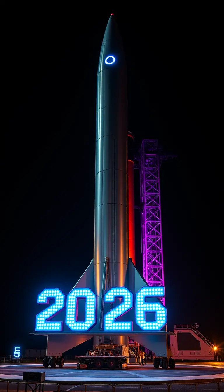 發射台上的未來感火箭與發光的 2026 顯示螢幕