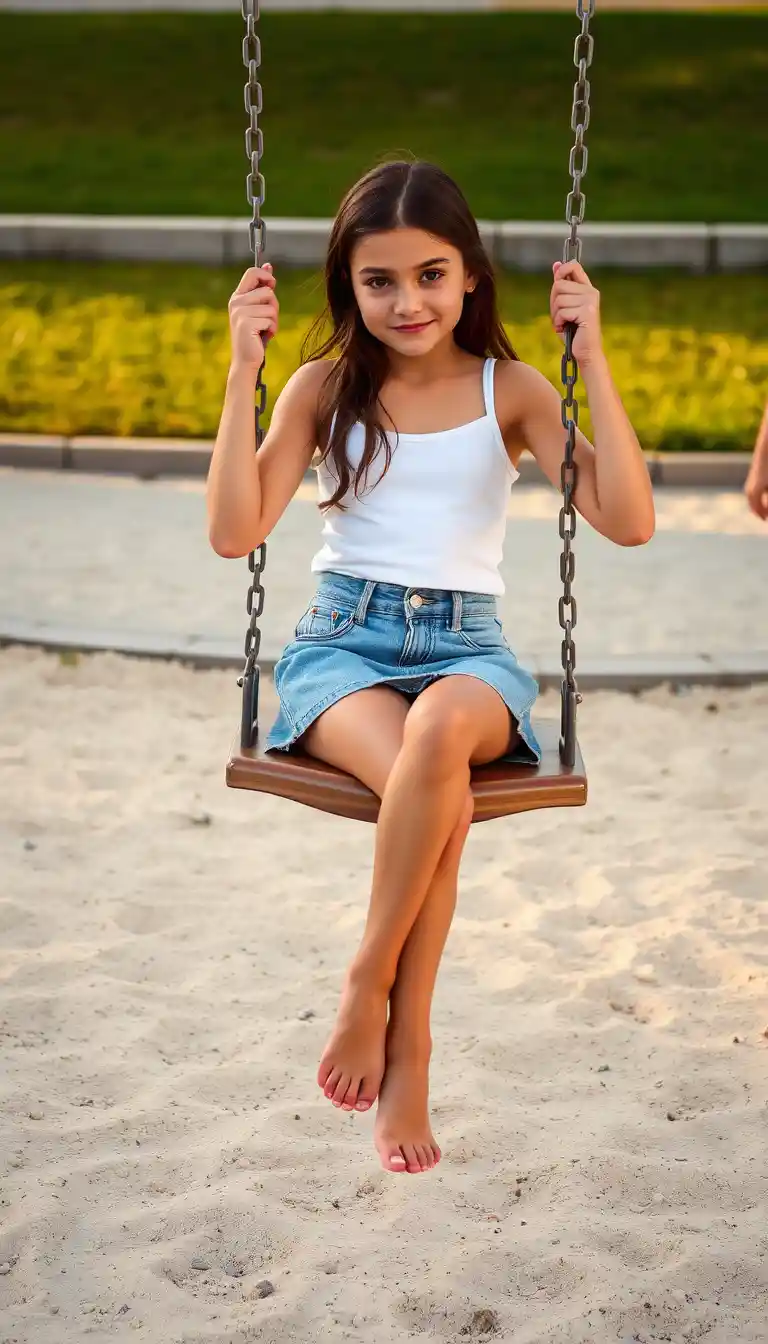 Young girl sitting barefoot on a swing at playground