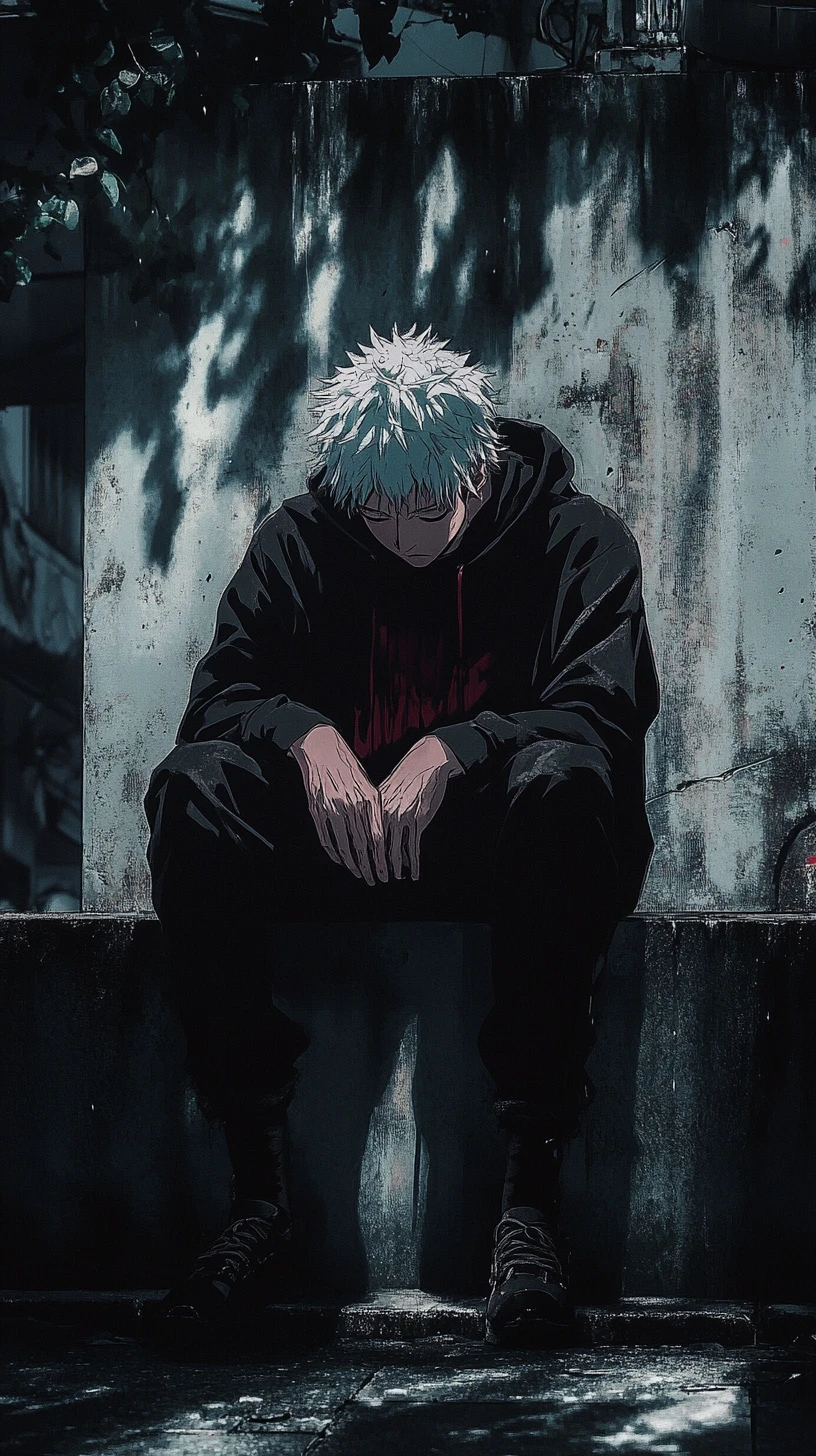 Anime boy hunched on concrete barrier in the rain