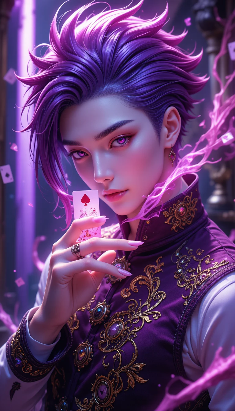 Homem de anime de cabelo magenta com cartas e energia brilhante