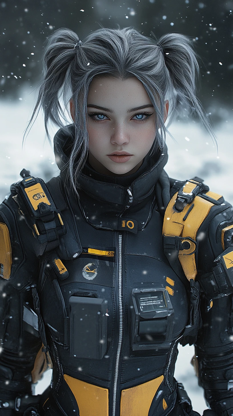 Portrait d’une guerrière futuriste dans un désert enneigé