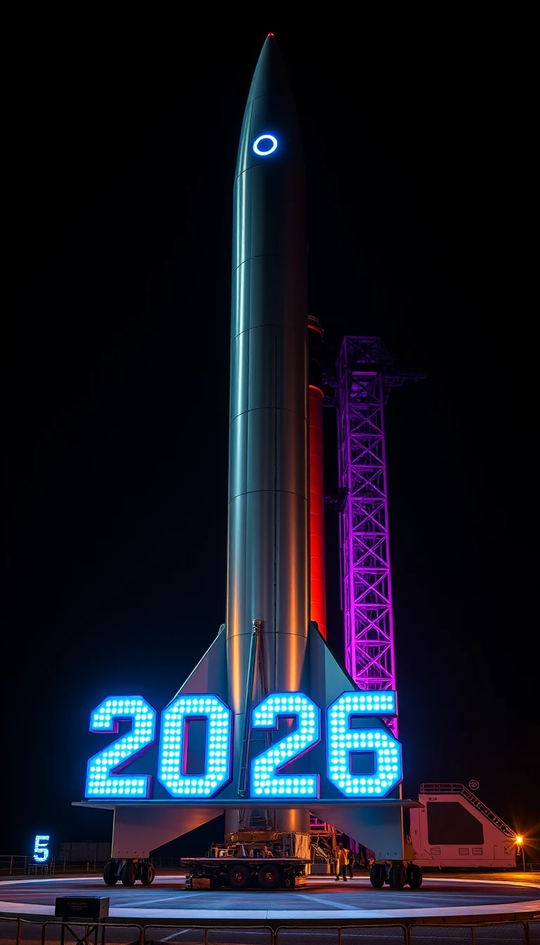 Futuristic rocket on launchpad with glowing 2026 display