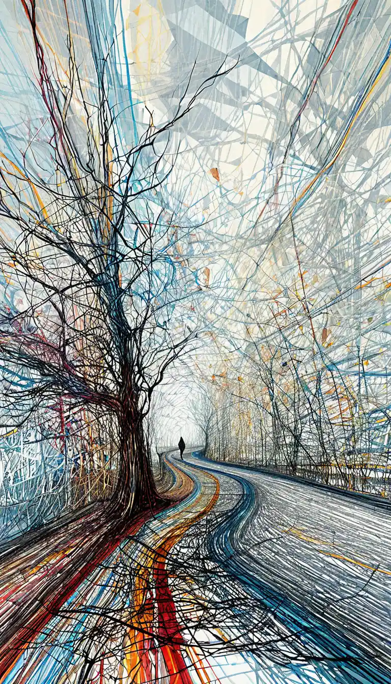 Abstract line art tree and winding path with lone figure