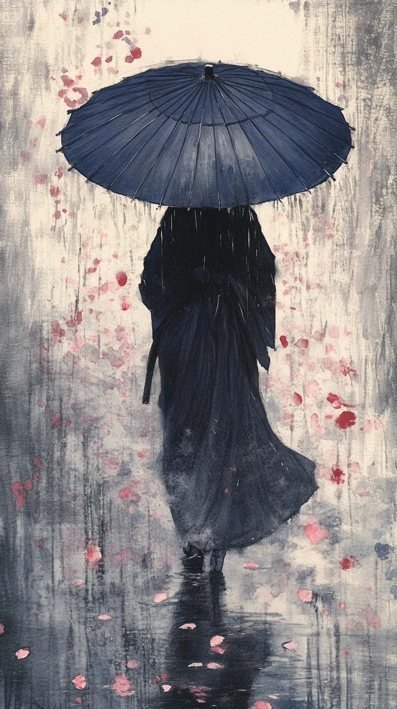 Einsame Gestalt im Gewand unter einem Schirm in fallenden Kirschblüten