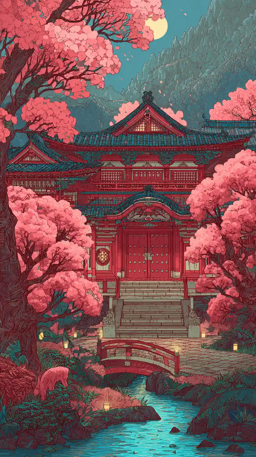 Majestic Japanese Palace In Misty Fantasy Mountain Valley
