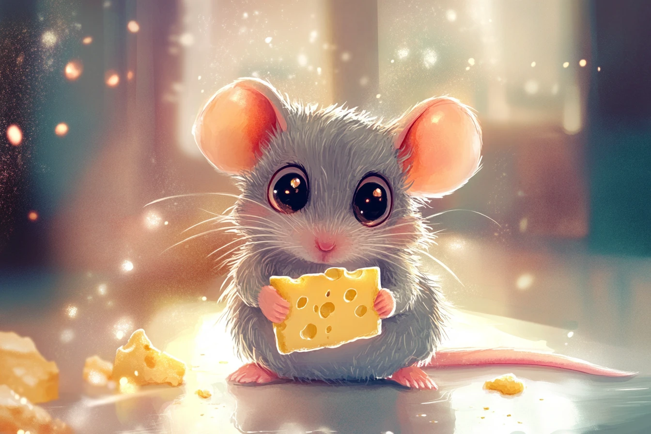 Ratinho fofo em aquarela beliscando queijo brilhante à noite