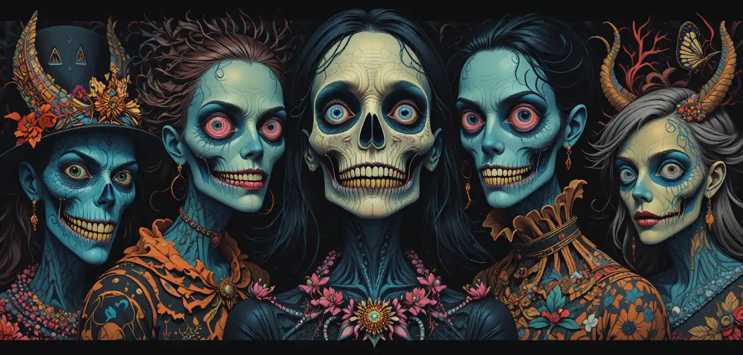 Personagens de fantasia coloridos em uma paisagem surreal e encantada