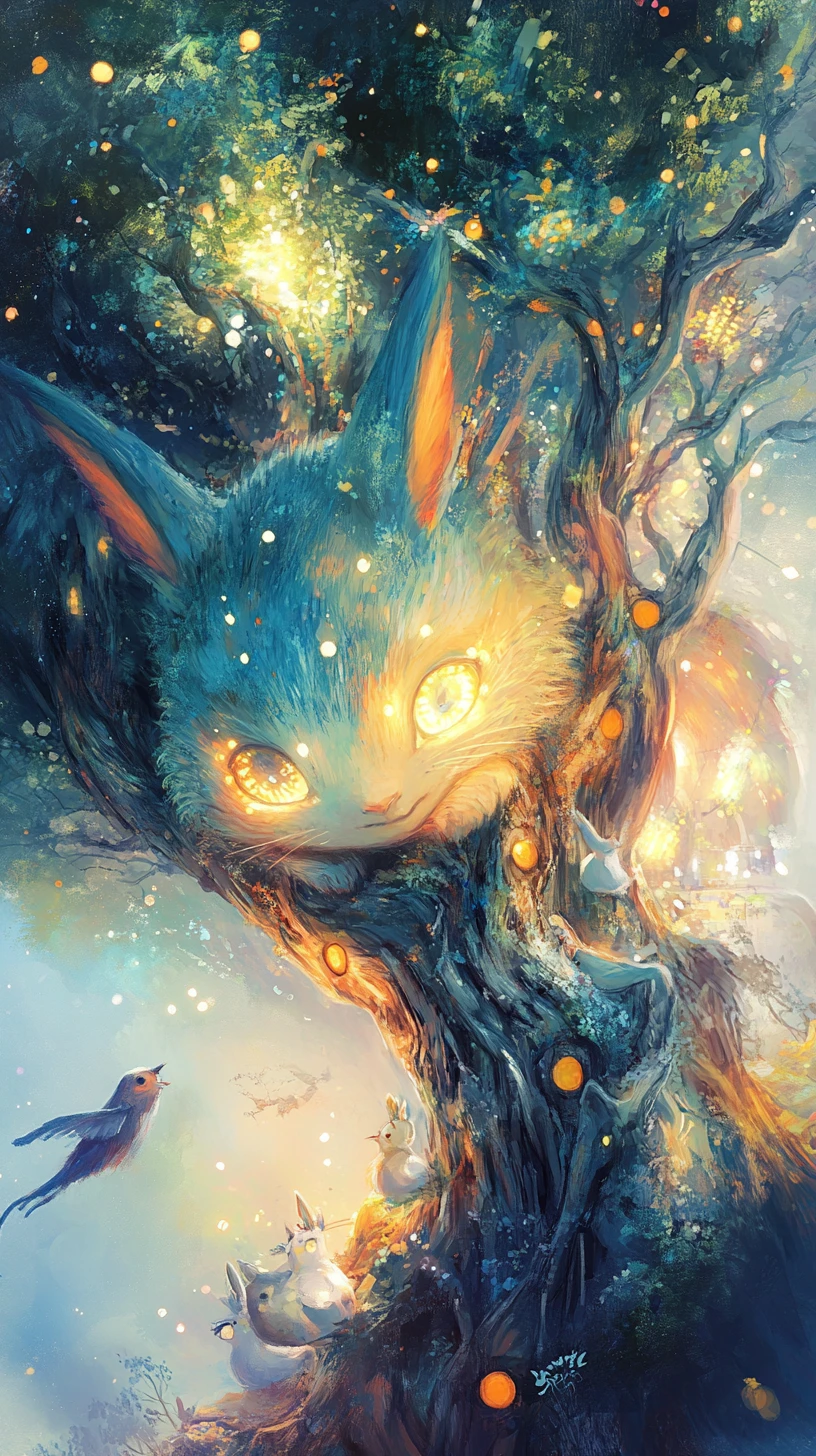 Playful forest friends relaxing beneath a giant tree