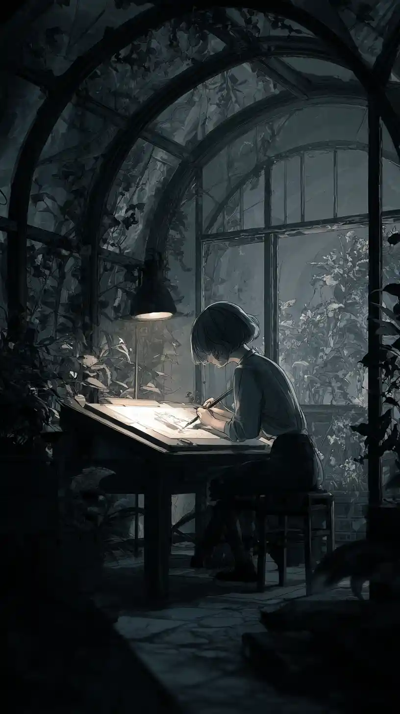 Woman sketching at a drafting table in a moonlit conservatory