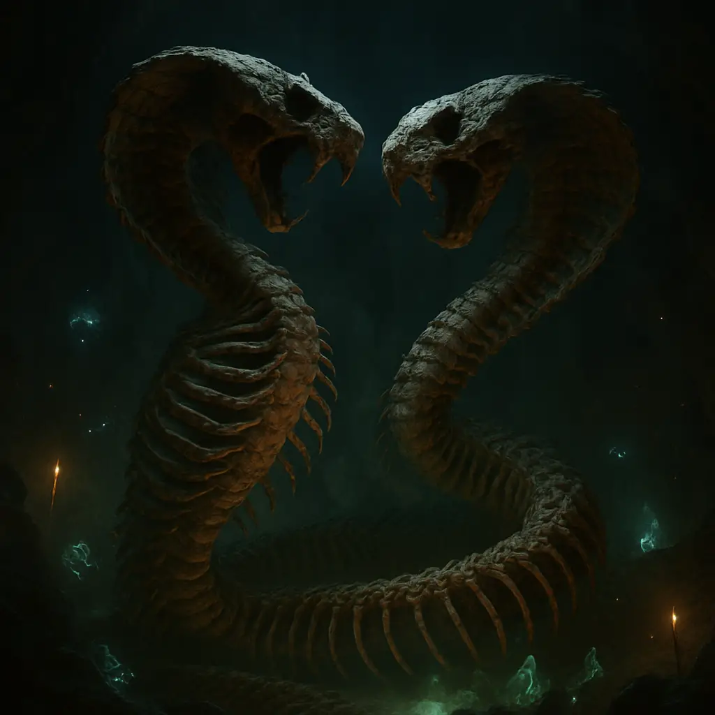 Antigos esqueletos de cobras entrelaçados em uma caverna luminosa
