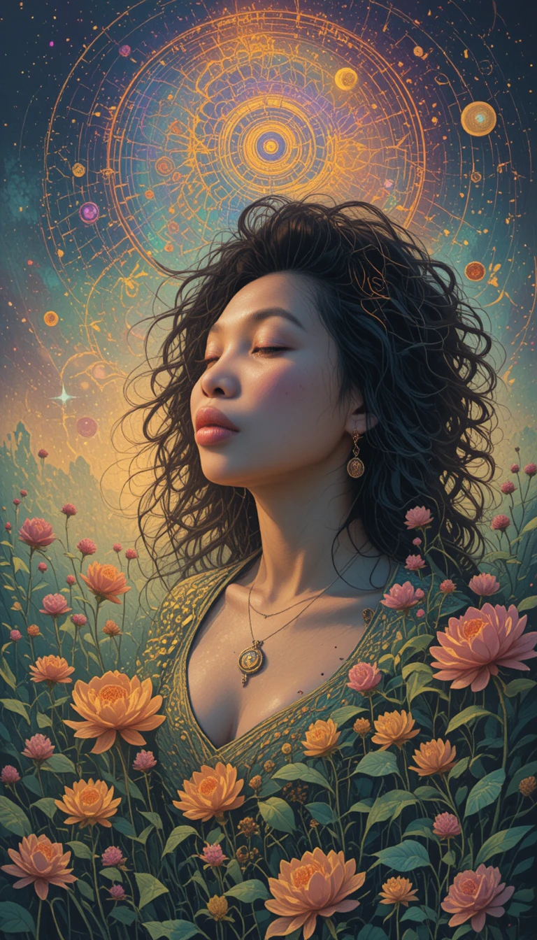 Serene woman in psychedelic floral dreamscape