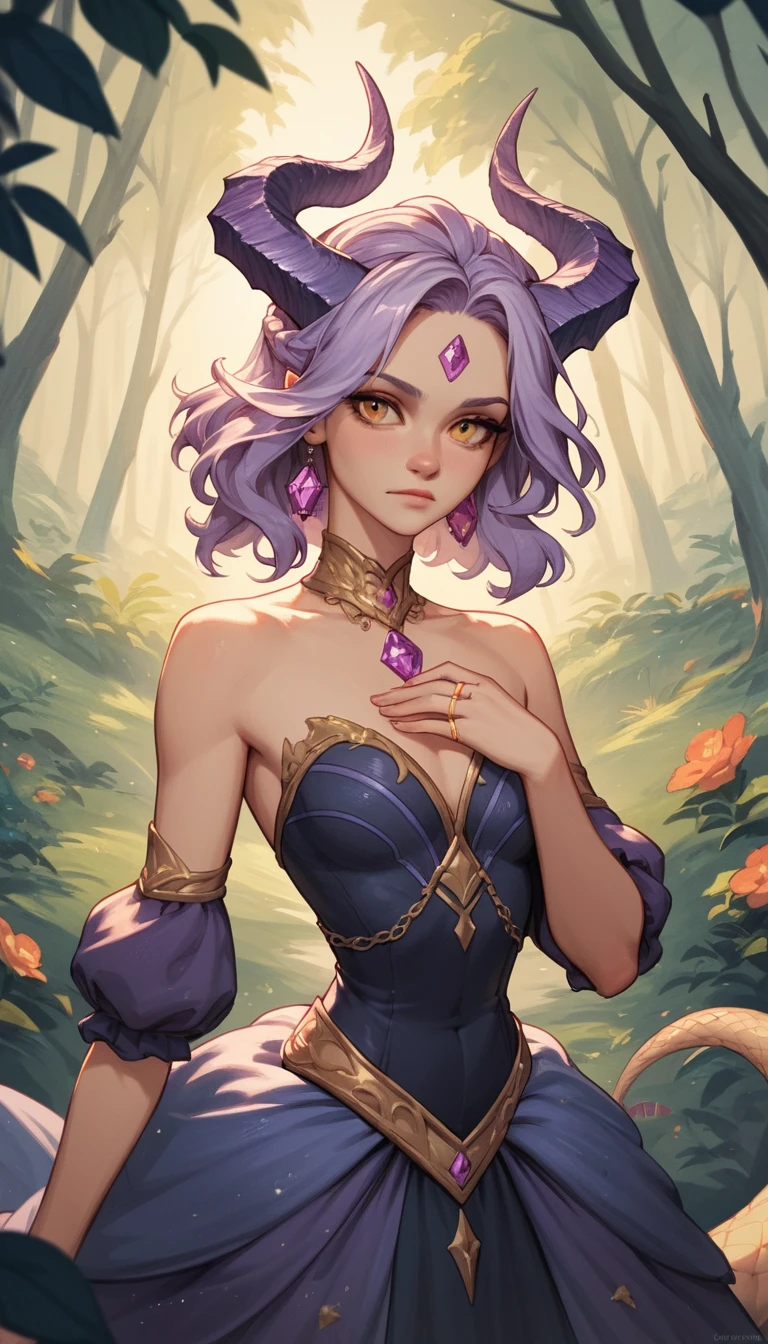 Dragon horned girl reaching out in a forest clearing