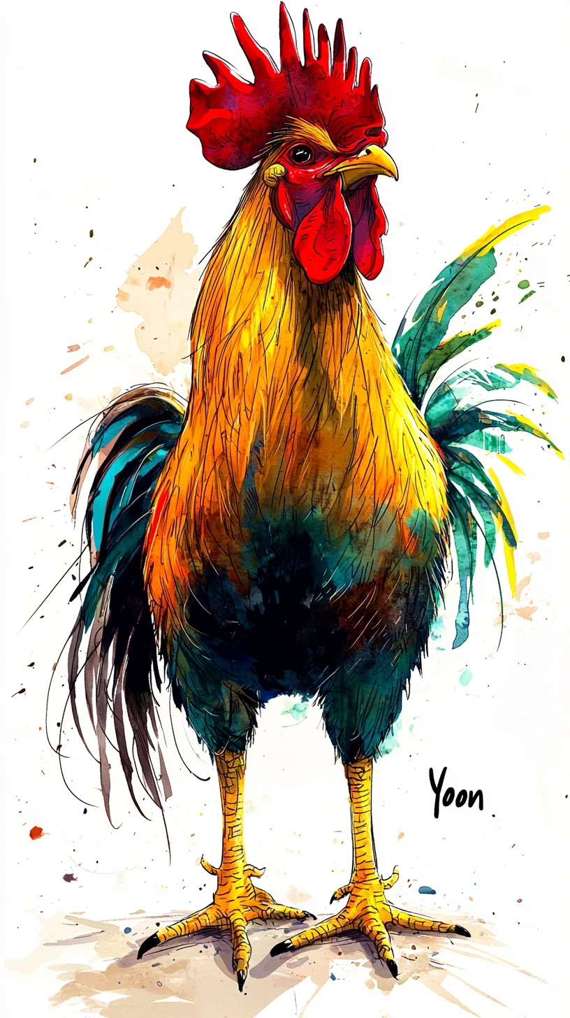 Galo melancólico caminhando orgulhoso em tinta e aquarela