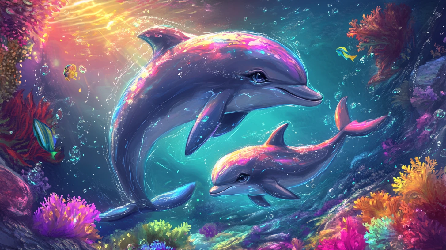 Kawaii dolphin mother and calf in vibrant underwater dreamscape