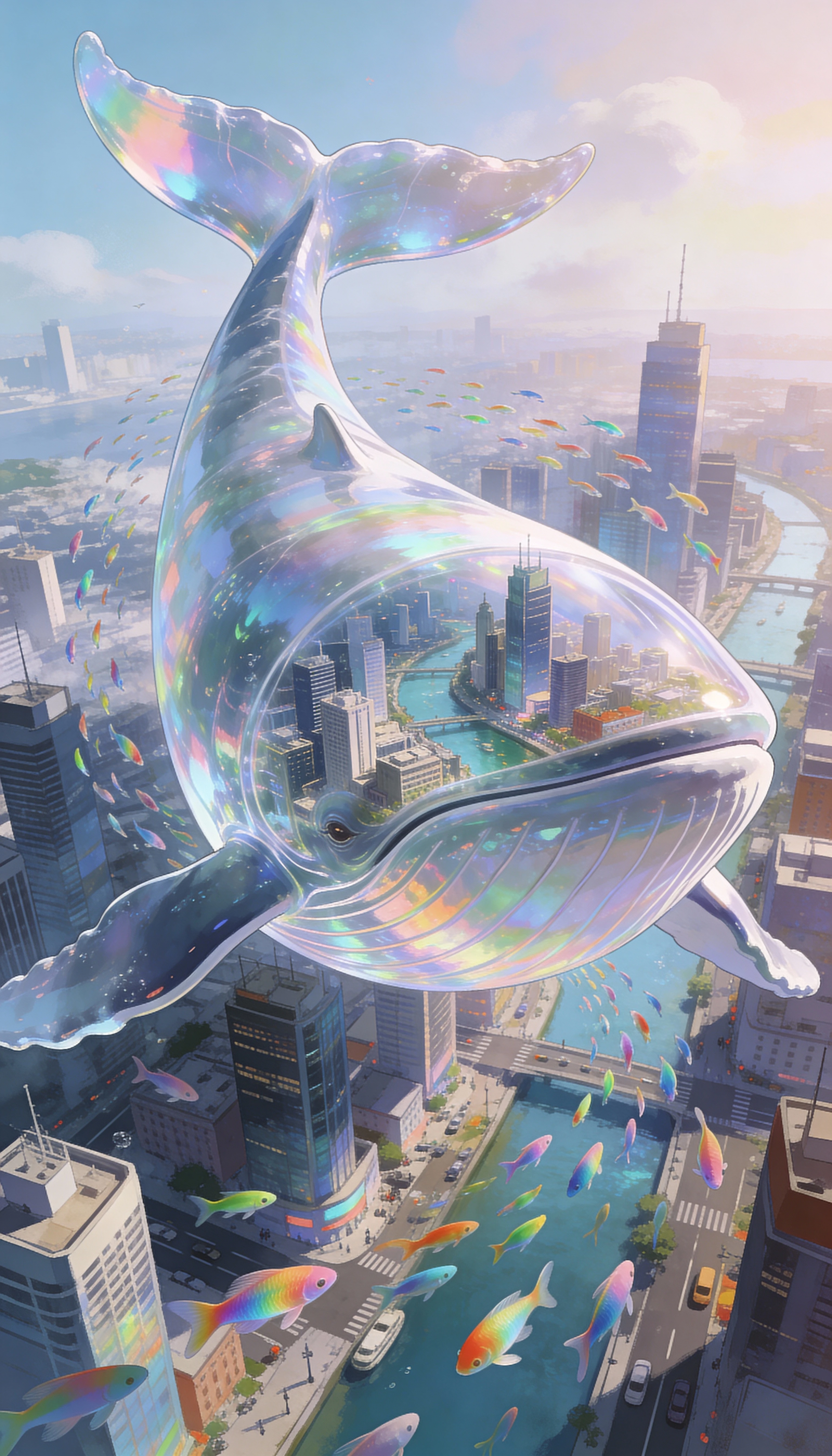 Cidade surreal dentro de uma baleia colossal com canais luminosos