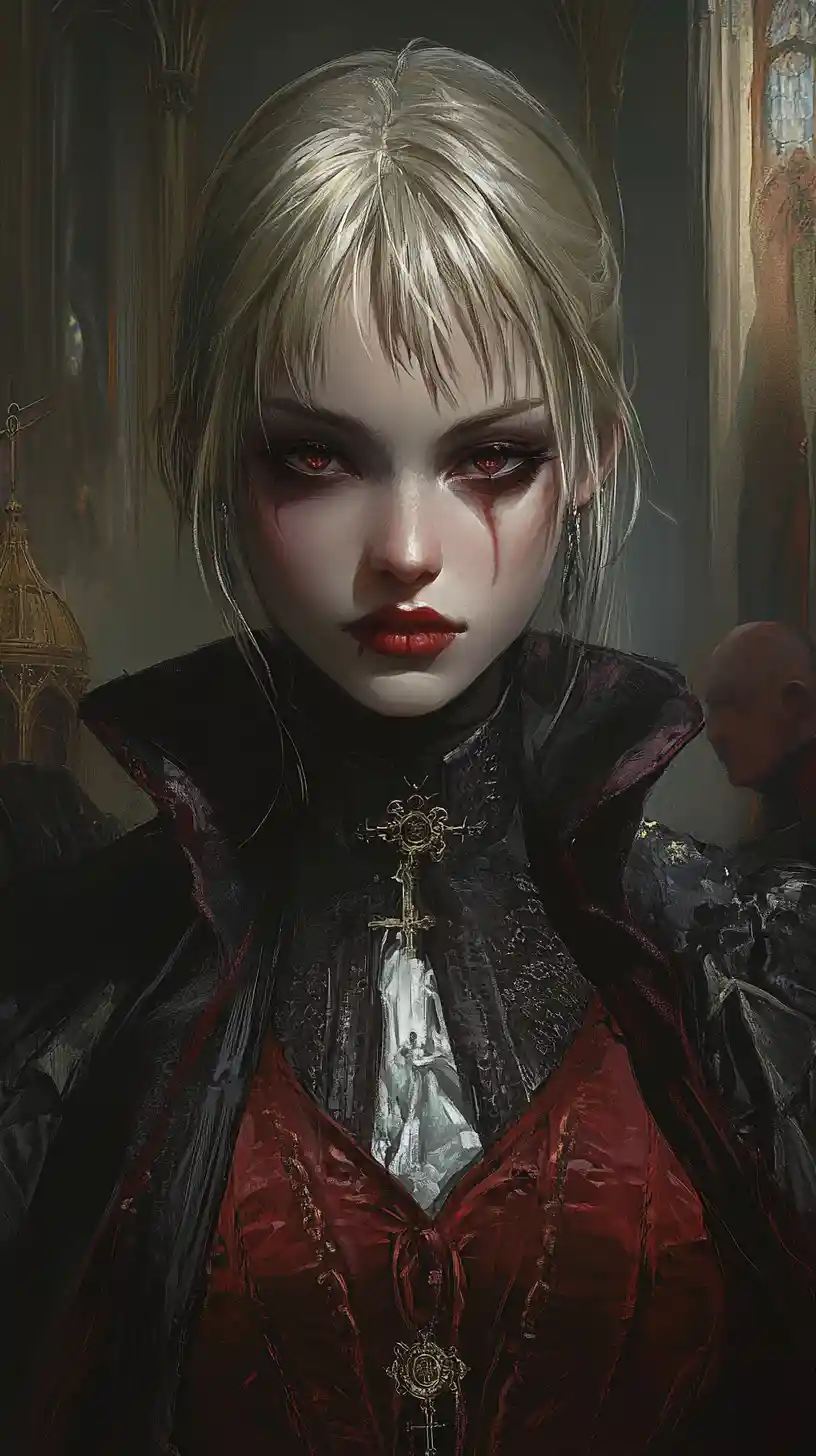 Dark gothic priest emerging from a moonlit church