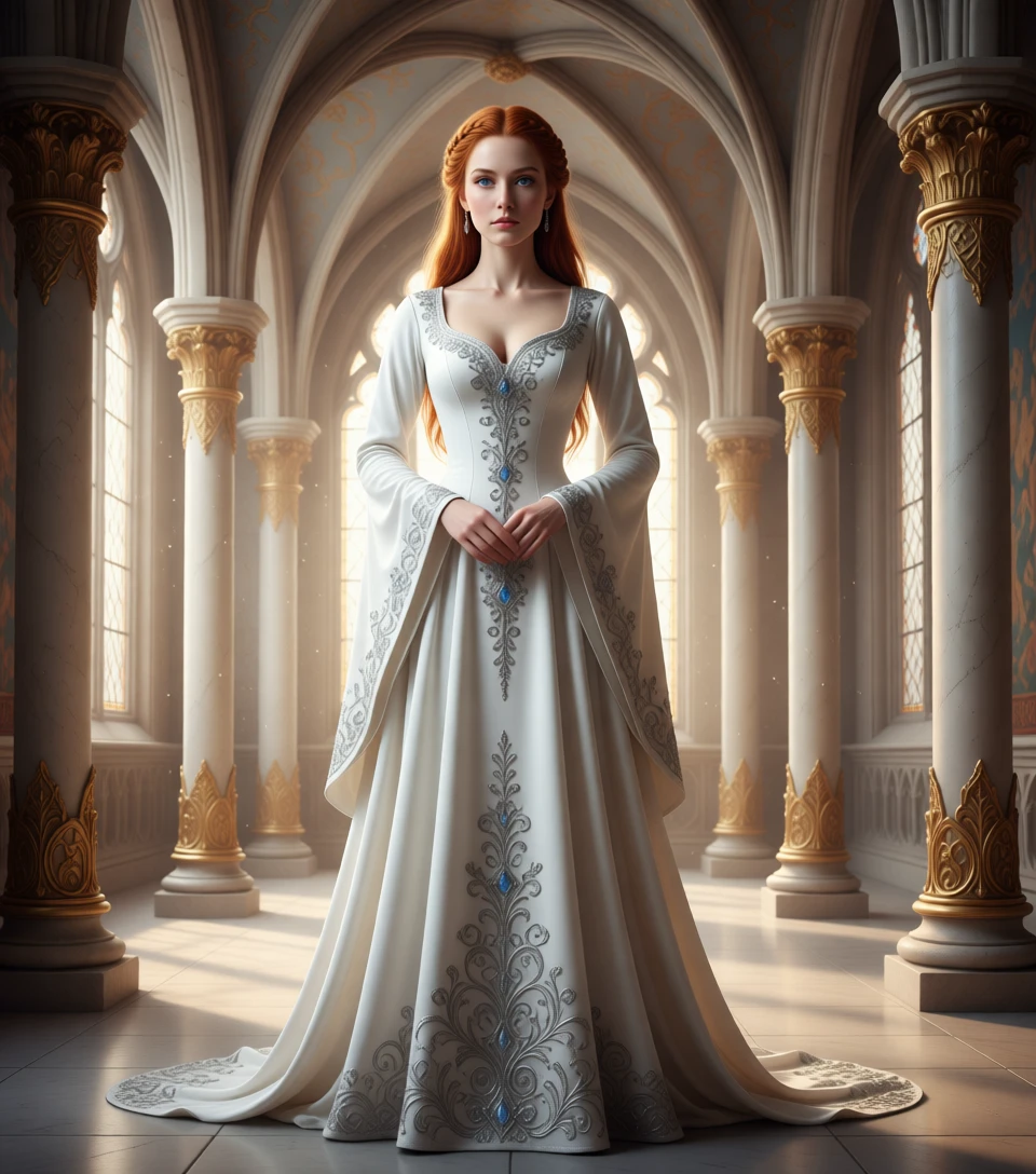 Mittelalterliche Dame im weißen Samtkleid in gotischer Fantasiehalle