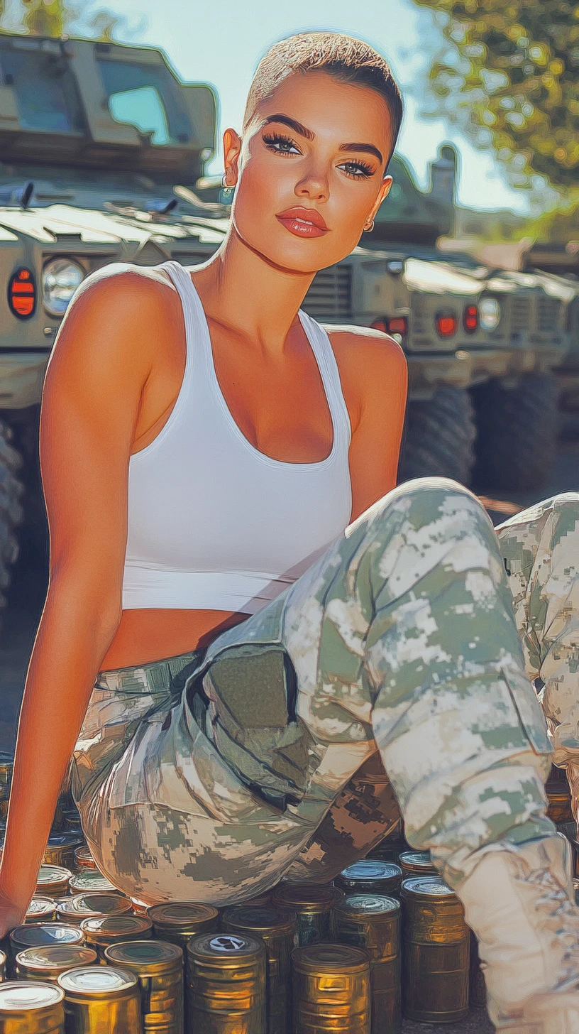 Off duty female soldier sitting on ammo tins in sunlight