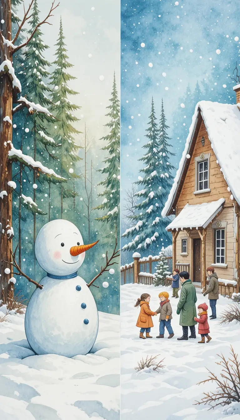 Snowman In A Colorful Watercolor Winter Forest Scene