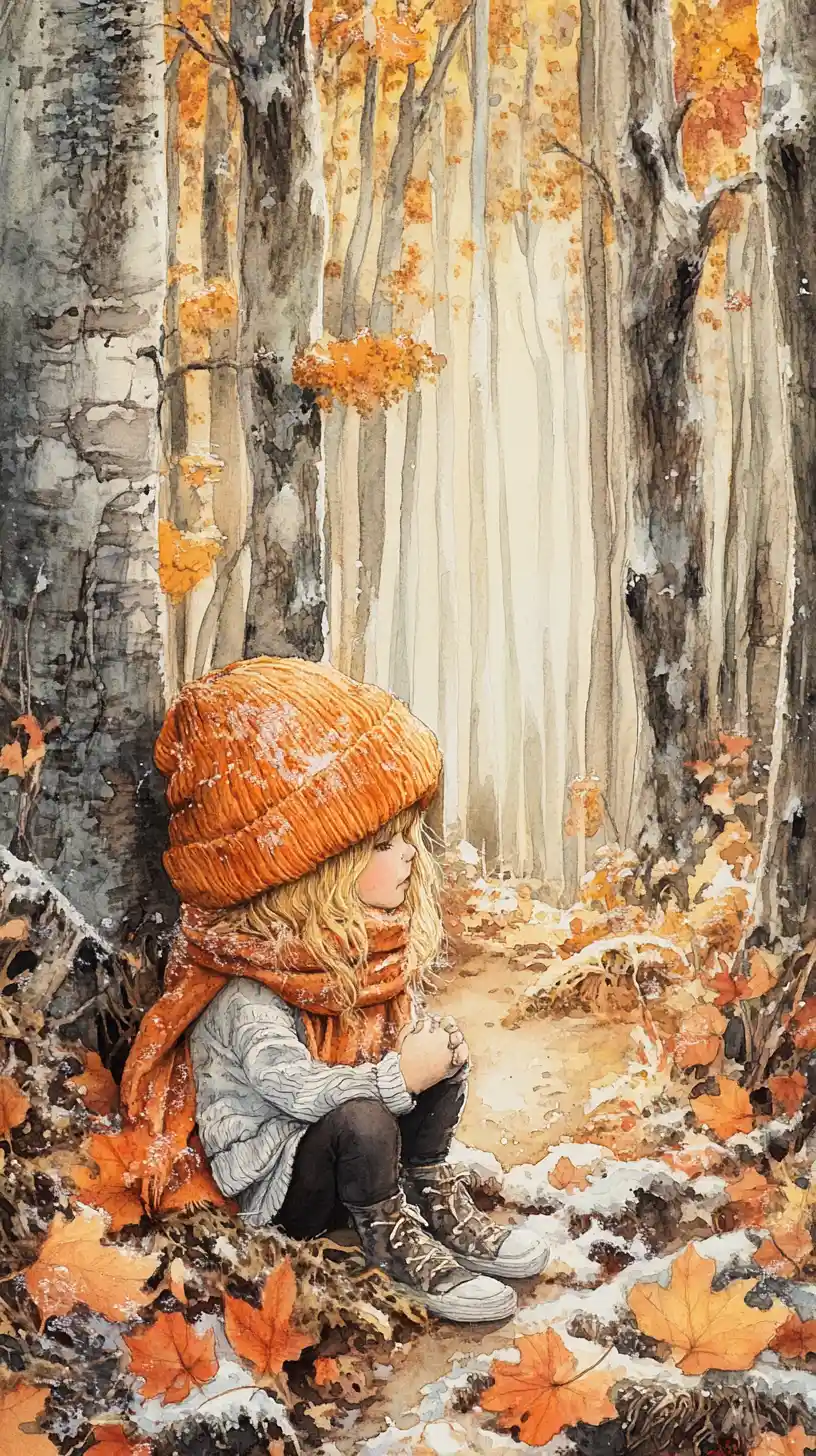 Cute baby orangutan in autumn hat with cookies in snow