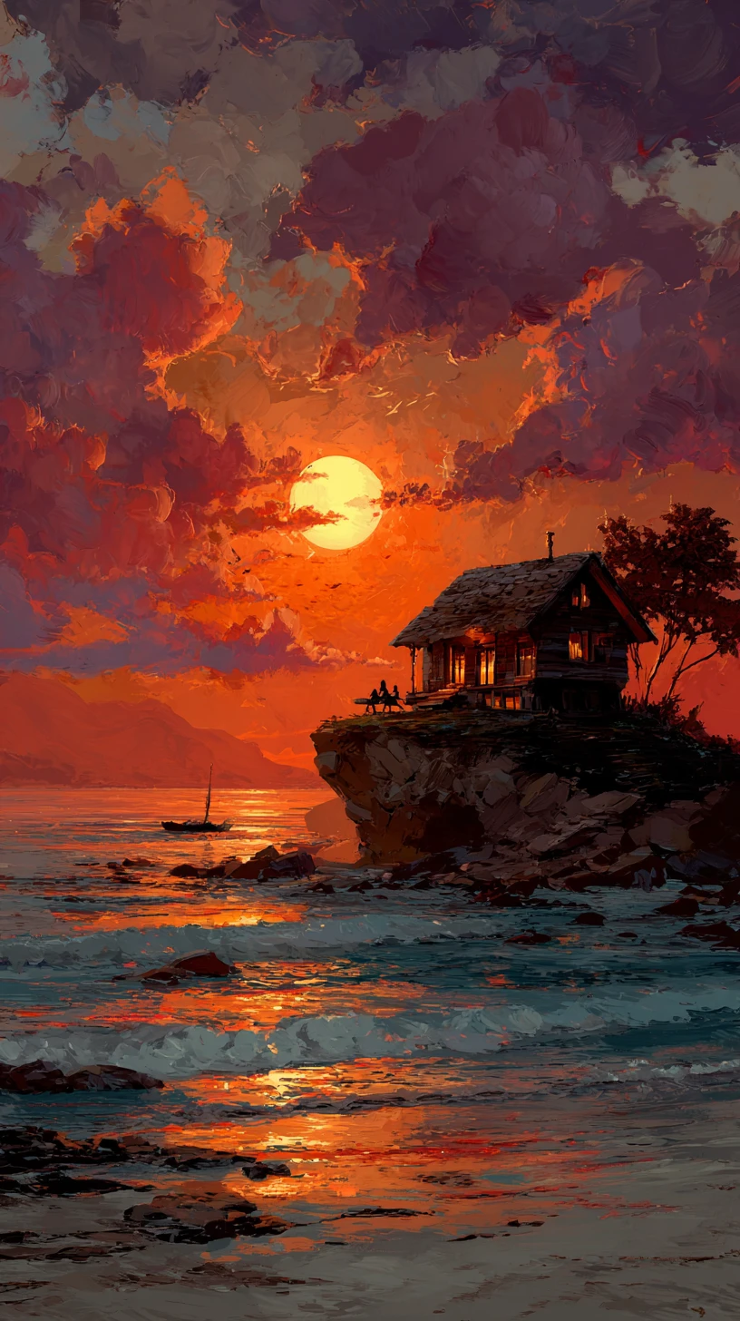 Pequena casa de praia ao anoitecer com oceano iluminado pelo pôr do sol