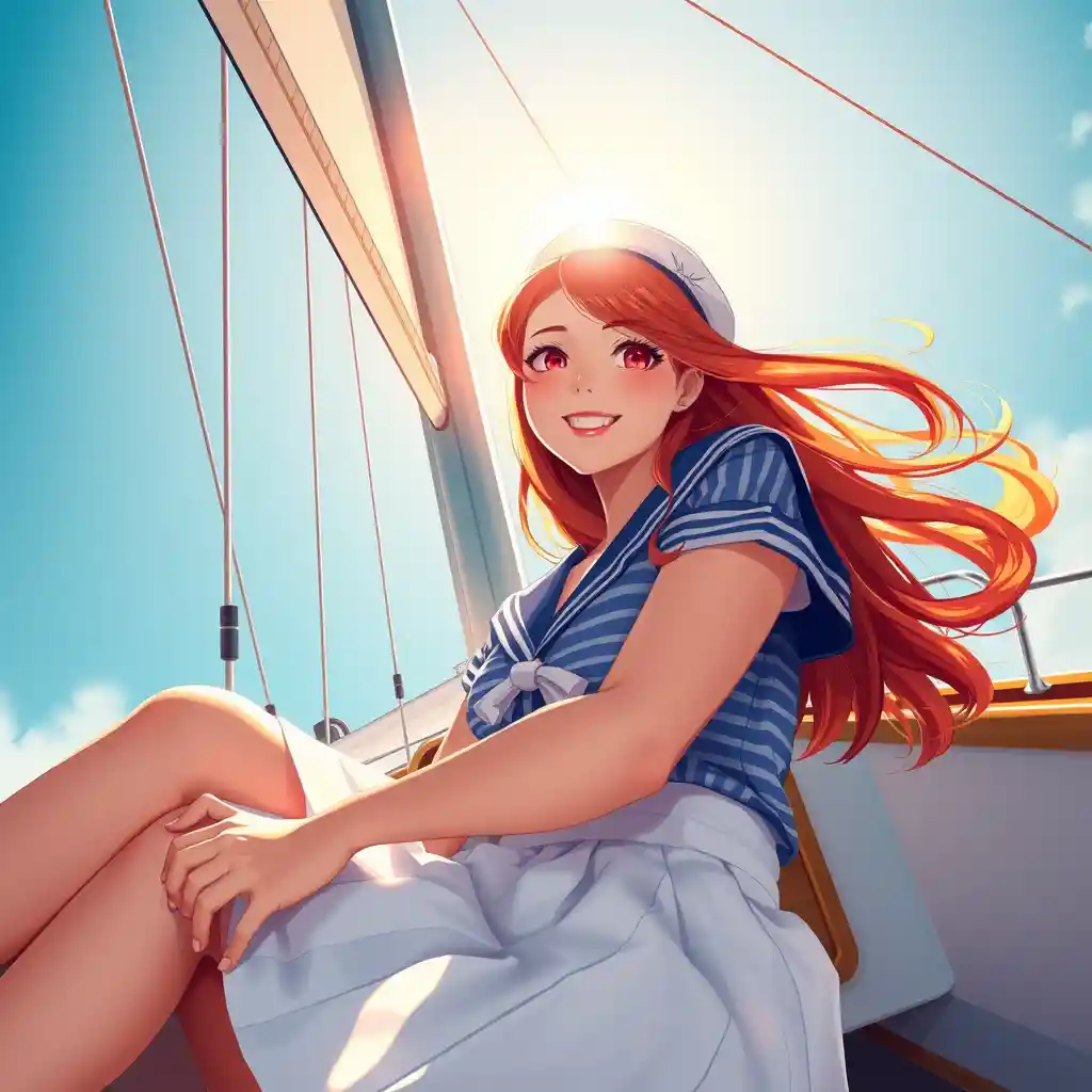 Ragazza anime marinaia sorridente in barca sotto il cielo azzurro