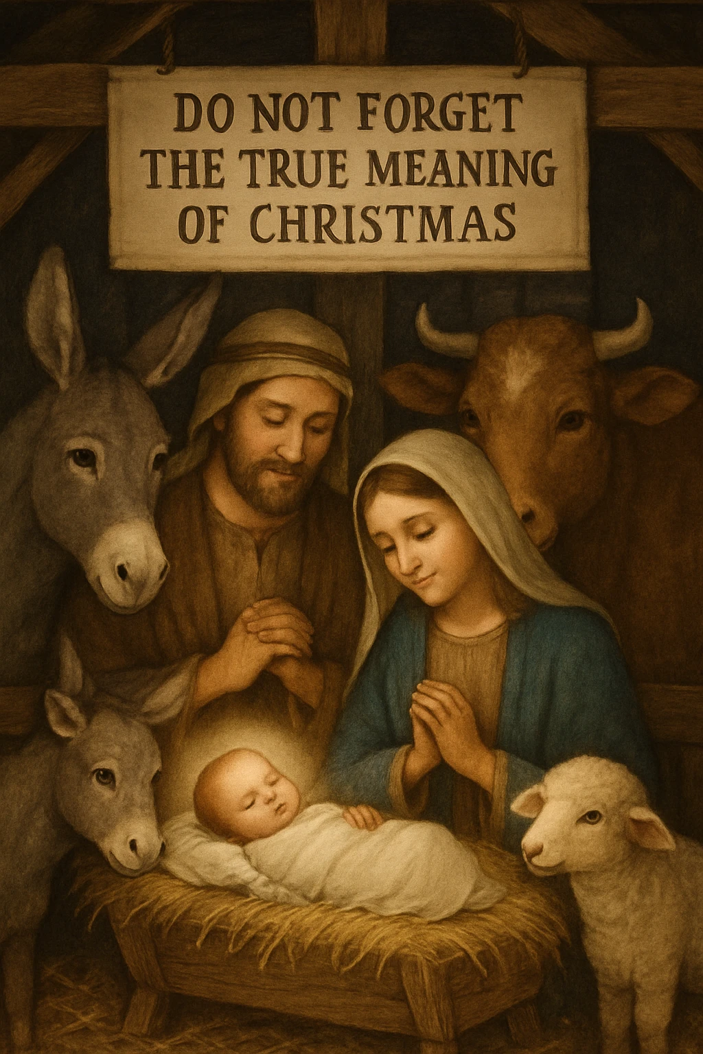 Nativity scene with holy family and animals in stable
