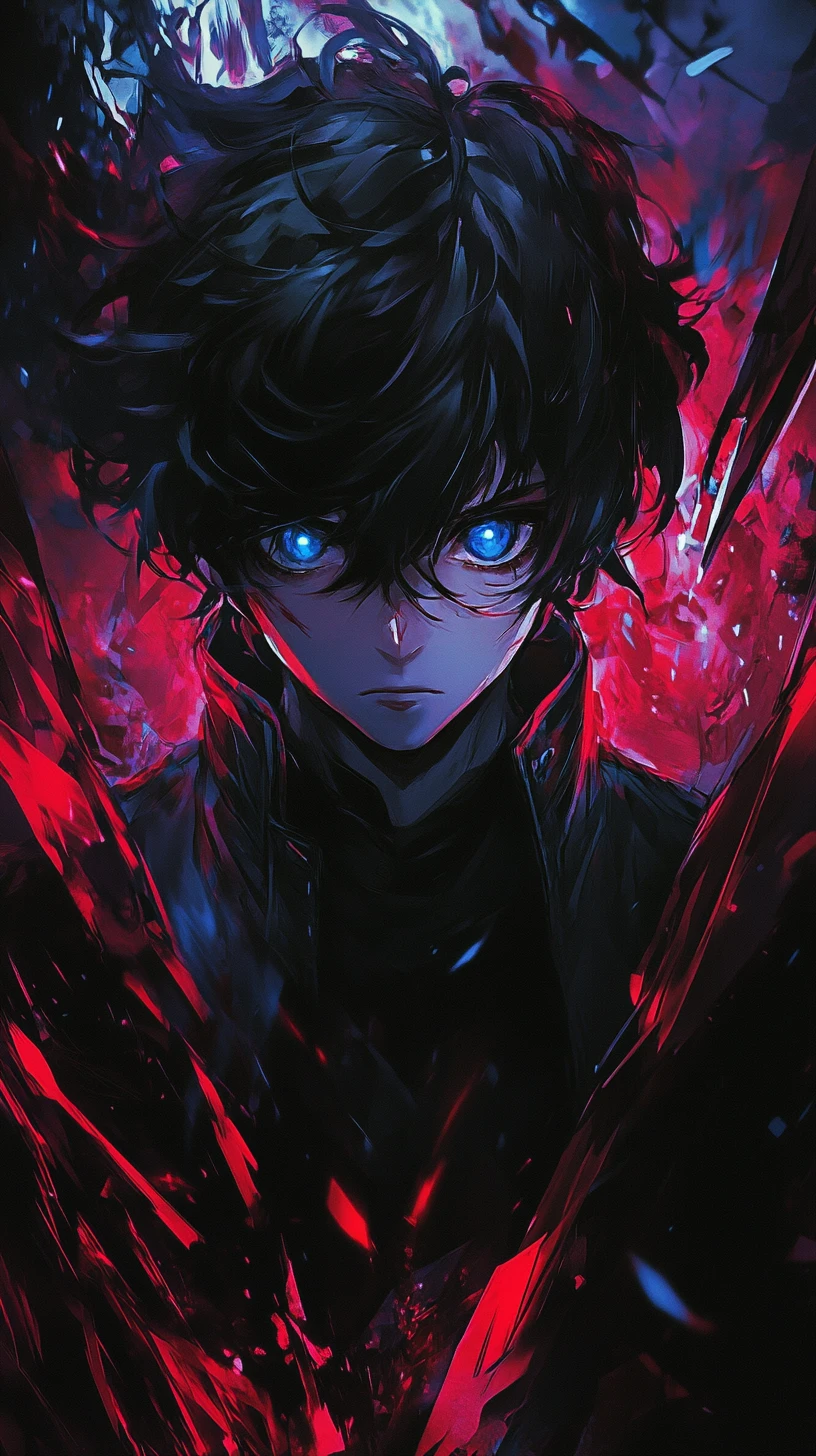 Herói de anime de olhos azuis em energia carmesim em redemoinho