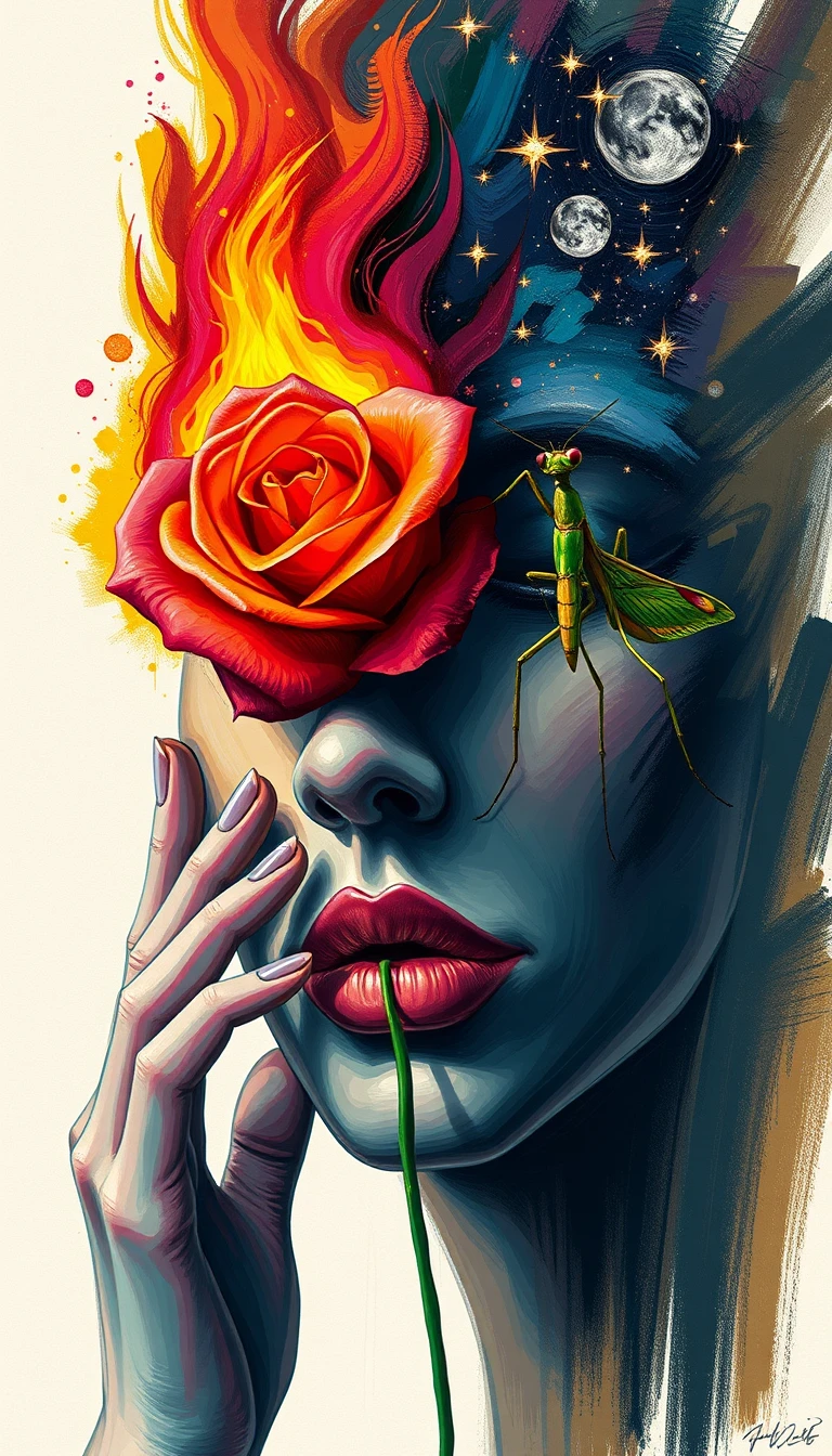 Surreales, farbenfrohes Gesicht aus Händen, Rose und Gottesanbeterin