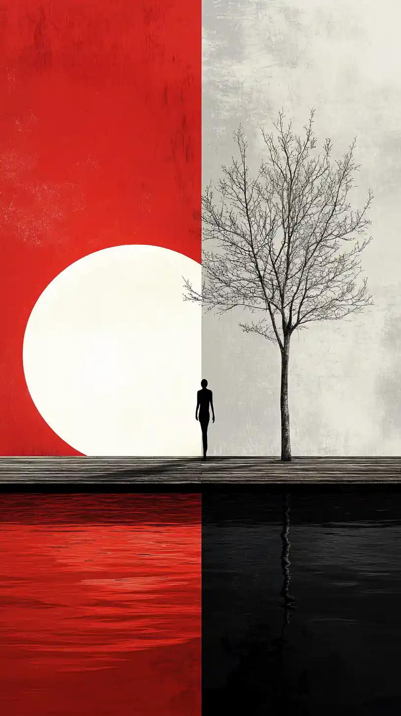 Silhouette solitaire sur une jetée dans un paysage rouge surréaliste et minimaliste