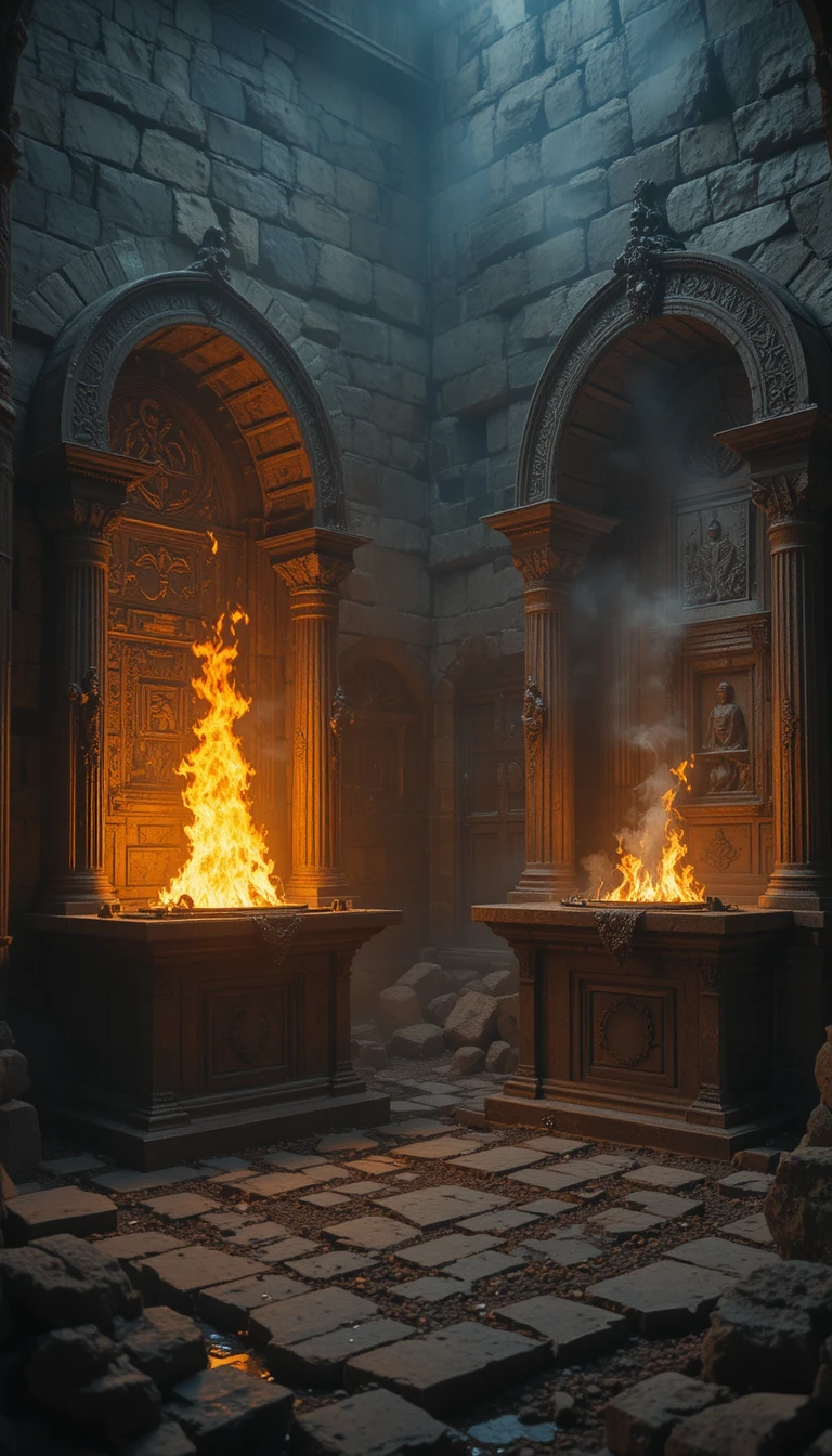 Two ancient altars with divine fire and dark smoke