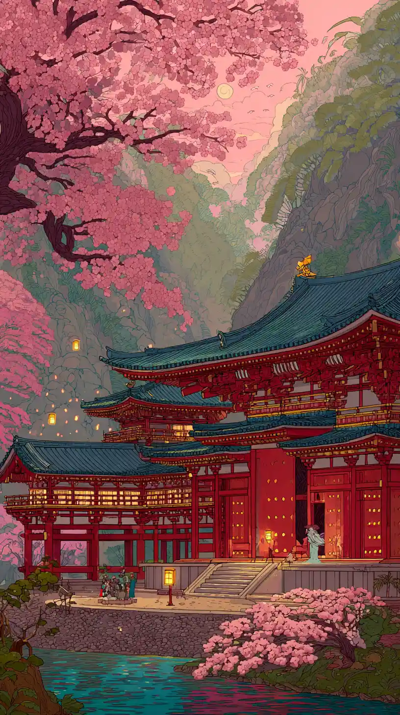 Majestuoso palacio japonés en un valle de fantasía envuelto en niebla