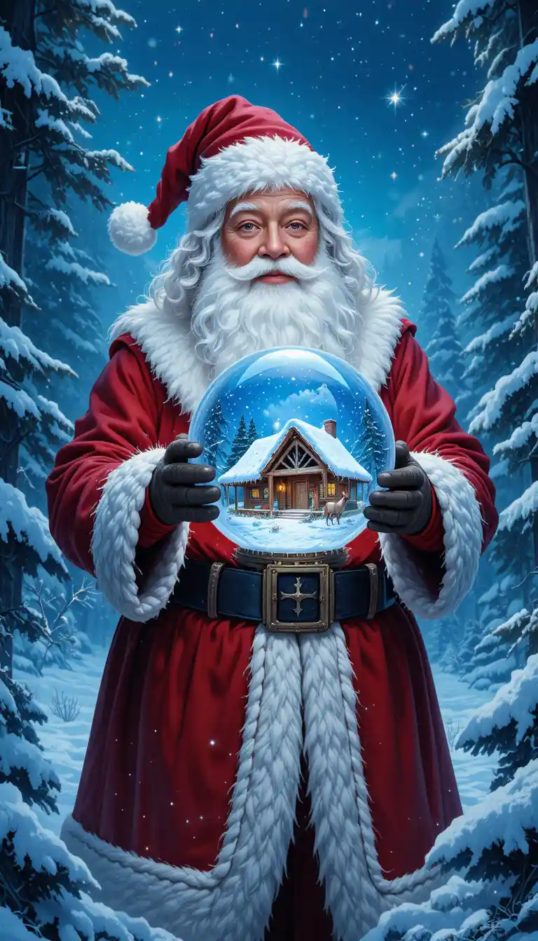 Babbo Natale con Sfera di Cristallo in una Foresta Nevosa di Notte